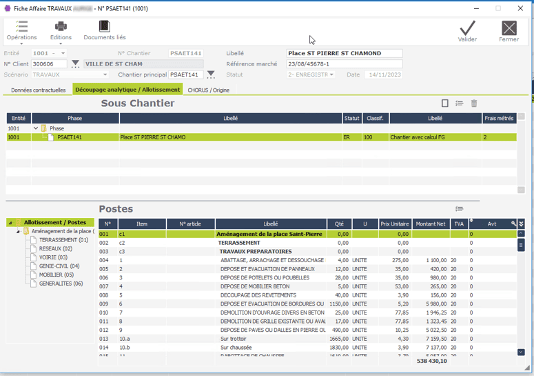Une fiche affaire dans l'ERP Hexaopale