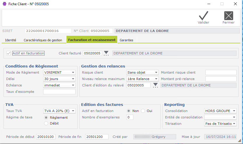 Une fiche client dans le logiciel ERP HexaOpale