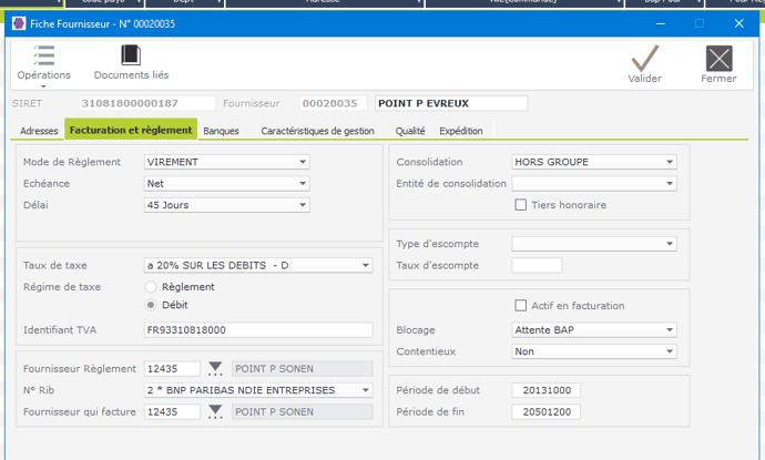 Une fiche fournisseur dans le logiciel ERP HexaOpale