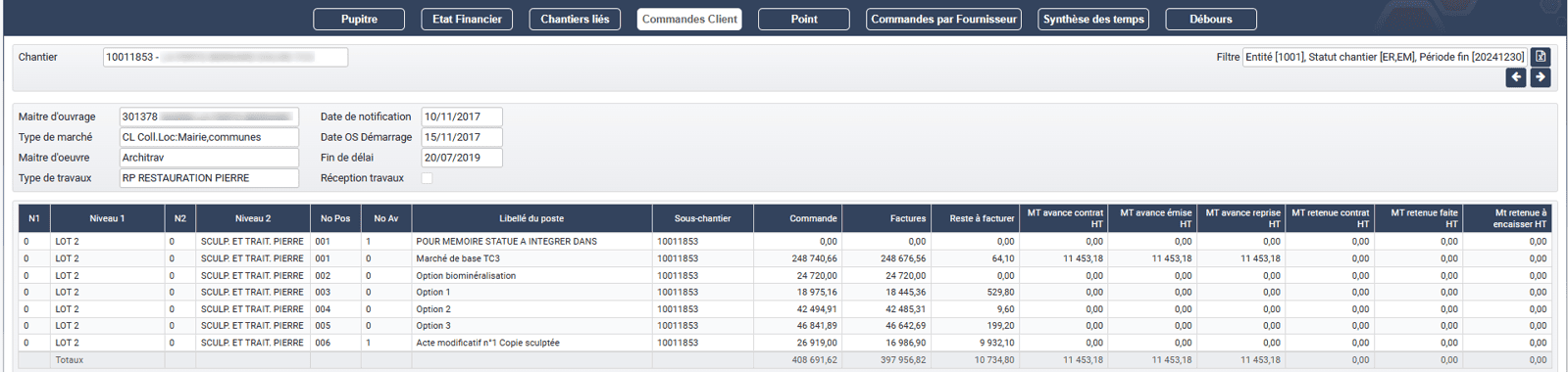 Commande client dans le logiciel ERP HexaOpale