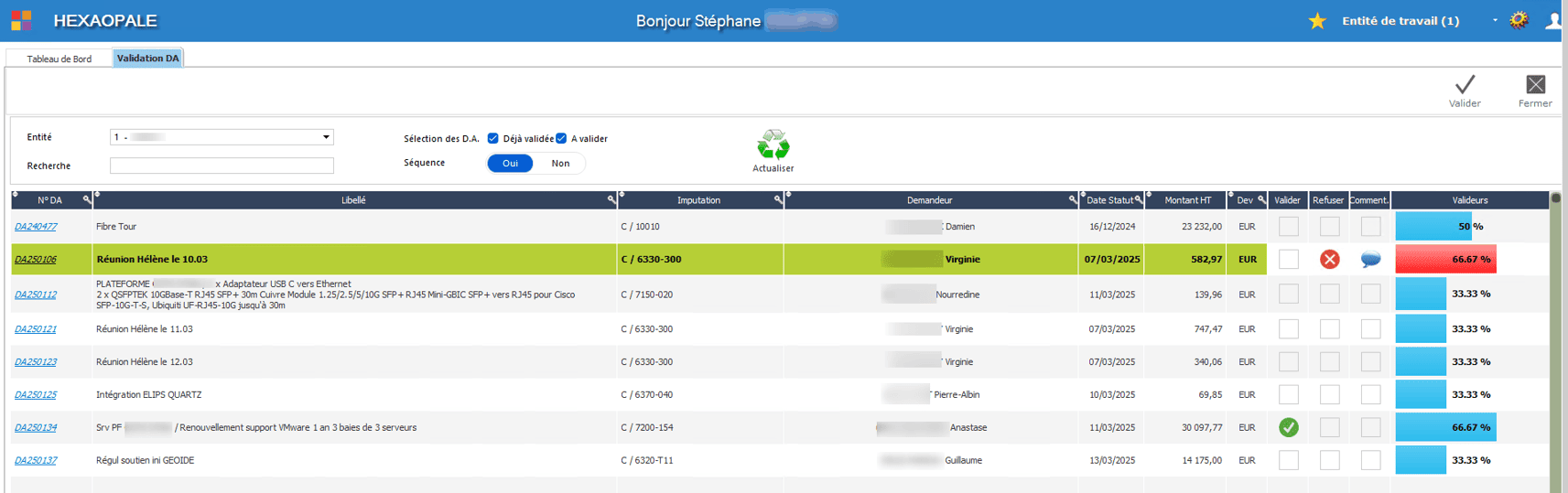 Validation d'une demande d'achat dans le logiciel ERP HexaOpale